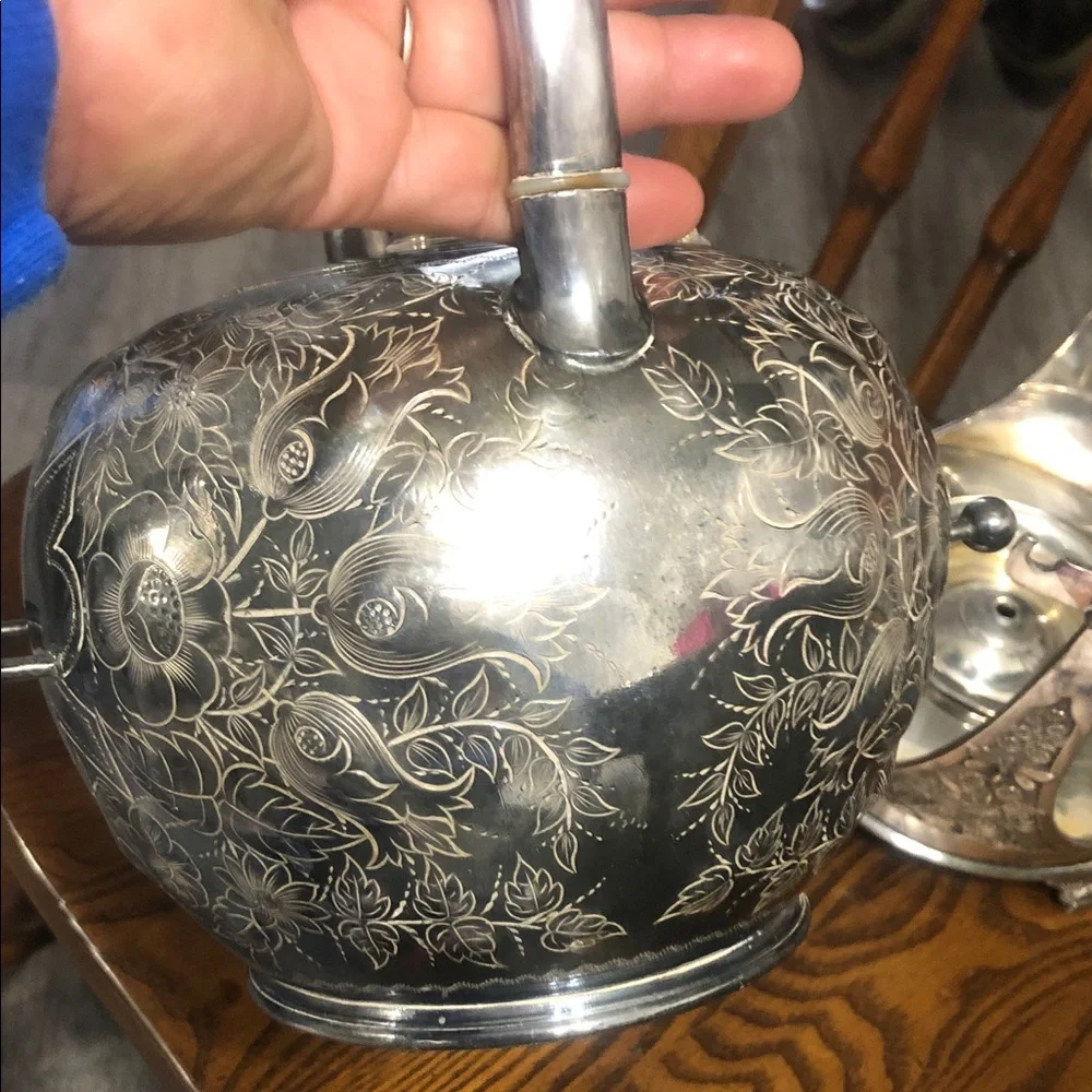 Ornate Silver-Finish Tea Kettle with Stand - Decorative Serving Piece